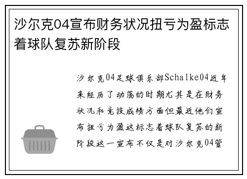 沙尔克04宣布财务状况扭亏为盈标志着球队复苏新阶段